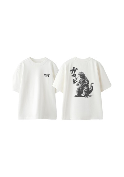 Thewert Godzilla Is Full Tasarım Sırt Baskılı Pamuk Beyaz Oversize T-shirt