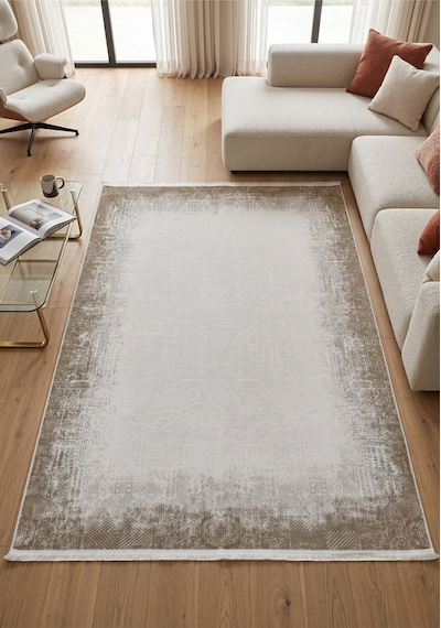 Merinos Vista Krem Renk Sarı Çerçeveli %100 Akrilik Yumuşak Dokulu Salon Oturma Odası Halısı 76337-70