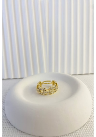 Kadın Yüzük Özel Seri Full Zirkon Dikdörtgen Bağlama Model Yüzük Gold - Gümüş