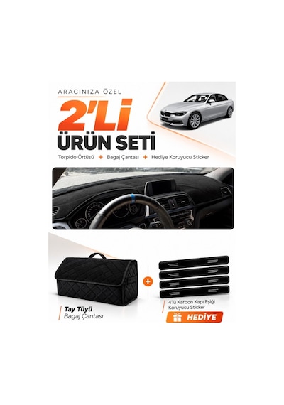 Bmw F30 2010-2018 Uyumlu Torpido Örtüsü + Tay Tüyü Bagaj Çantası + Sticker Seti - Siyah