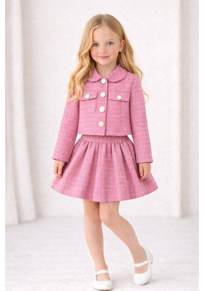 My Kids Wear Kız Çocuk Ekose Ceket Etek Takım Şık Kombin 12642 Pembe