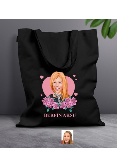 Bk Gift Kişiye Özel Anneler Günü Karikatürlü Siyah Kumaş Bez Çanta, Baskılı Omuz Çantası, Alışveriş Çantası, Anneye Hediye-2