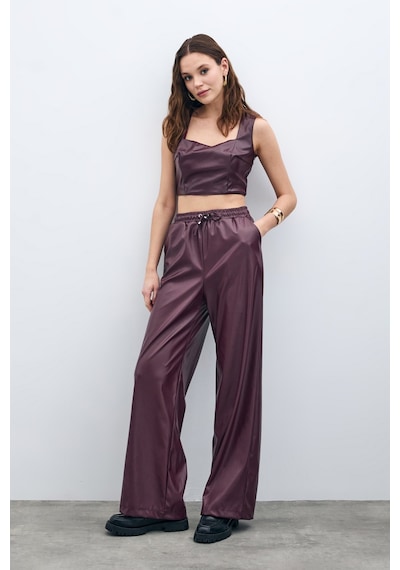 Sateen Kare Yaka Deri Crop - Bordo-135670 Bordo