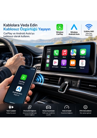 Luve Store 2in1 Kablosuz Carplay Auto Adaptör Wireless Dönüştürücü Usb Type-c Otg Mini Araç Adaptörü