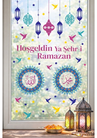Ramazan Cam Sticker Seti Çift Taraflı Hoşgeldin Ya Şehr-i Ramazan Pencere Süsü Ramazan Ayı Özel Dijital Baskı