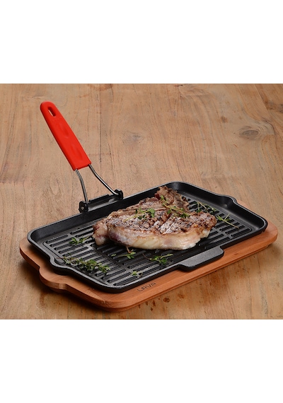 Lava Döküm Dikdörtgen Sığ Izgara Tavası Silikon Tel Saplı Ölçü 21x36cm. - Kırmızı