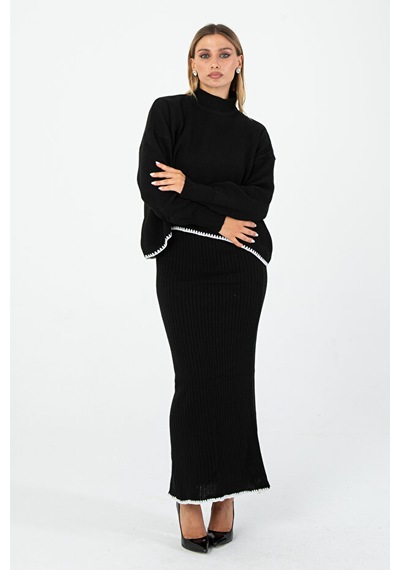 Kışlık Siyah Triko Takım Oversize Üst & V Yaka Maxi Elbise