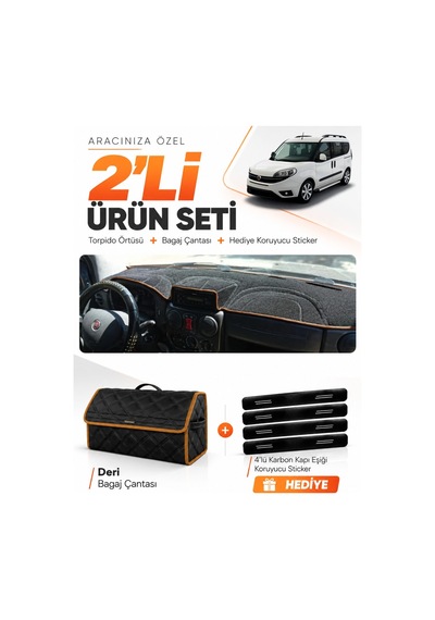 Fiat Doblo 2007-2015 Airbagli Küçük Ekran Uyumlu Torpido Örtüsü Deri Çanta Seti - Siyah Kahverengi