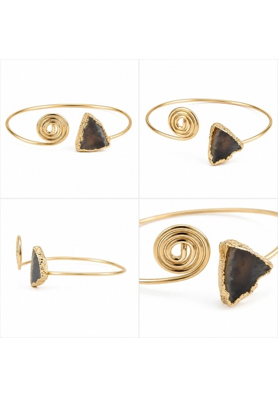 Doğal Gri Akik Taşlı Altın Tonlu Açık Uçlu Spiral Kadın Bileklik Gold