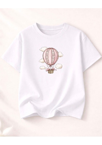 Uçan Balon Baskılı Kompak T-shirt Beyaz