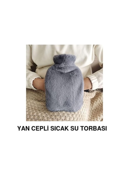 Sıcak Su Torbası Yan Cepli Gri Peluş Termofor 27x17x2cm 1 Litre Koyu Gri