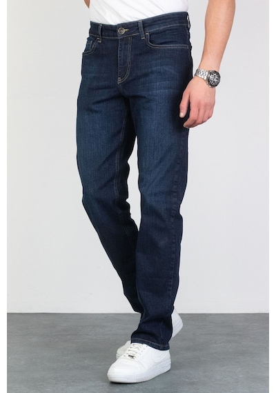 Regular Fit Boru Paça Likralı Erkek Jeans Kot Pantolon - Koyu Mavi