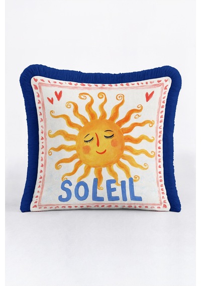 Bohem İtalyan Soleil Güneş Saçaklı Yastık Kılıfı - Retro Sarı Mavi Lacivert Püsküllü Kırlent Kılıfı Sessiz Atlas Serenat