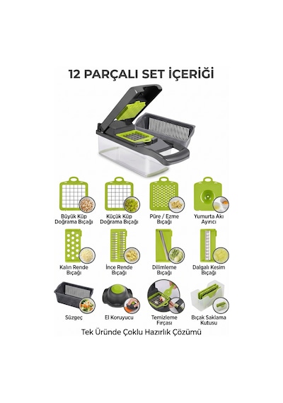 Fb-105 Çok Fonksiyonlu Doğrayıcı 12 Parçalı Sebze Doğrayıcı, Rende, Dilimleyici Ve Süzgeç Seti Siyah