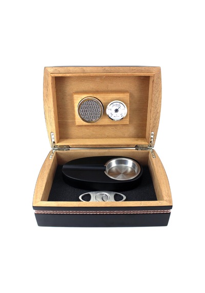Cedar Alman Şeritli Humidor Puro Kutusu ve Aksesuar Seti Siyah