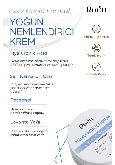 Yoğun Nemlendirici Krem, Hyaluronik Asit, Panthenol, 72 Saat Etkili Nemlendirici Kremi 100 Ml