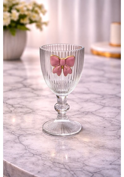 6 Lı Cam Pembe Fiyonk Kurdele Kahve Yanı Su Bardağı Bardak 75ml Şeffaf