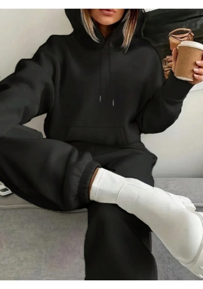 Baskısız Kalın Kışlık Eşofman Takımı - Siyah Sweatshirt Jogger Oversize Kapüşonlu Siyah