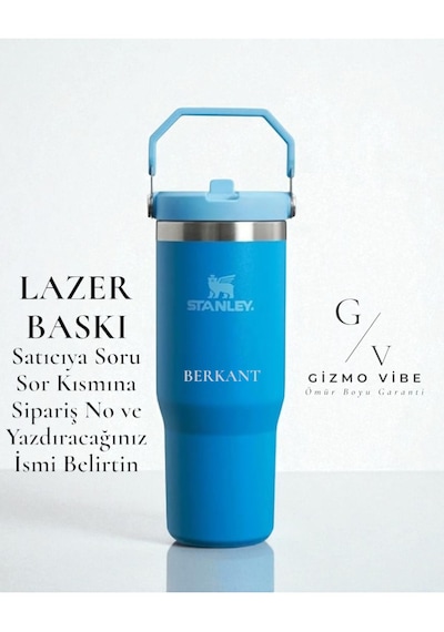 Stanley Kişiye Özel The Iceflow Flip Straw Pipetli Termos Bardak Stanley 0.89 L Özel İsimli Mavi