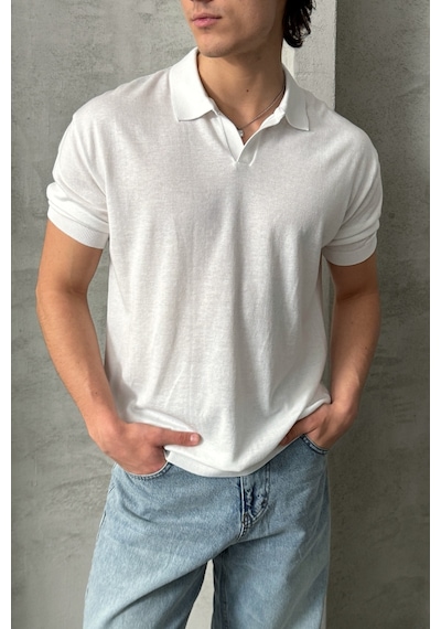 Erkek Oversize Pamuklu Polo Yaka Triko T-shirt Beyaz