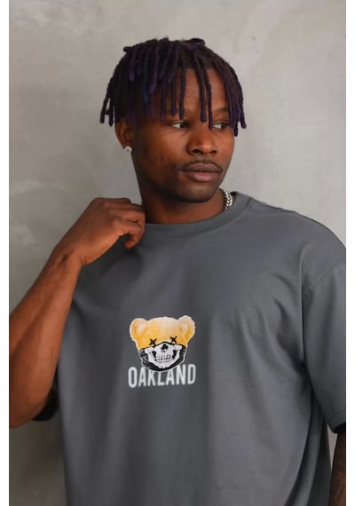Unisex Baskılı Oversize T-shirt - Füme Füme