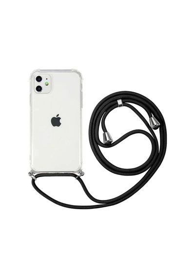 Iphone 11 Uyumlu Boyundan Askılı Şeffaf Darbe Emici Antishock Silikon Telefon Kılıfı Siyah