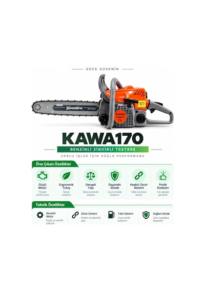 Algaride Kawa170 Benzinli Motorlu Testere 30,1cc 1,80 Bg 40 Cm 3/8"p Zincir Hafif Ve Güçlü Ağaç Kesim Makinesi