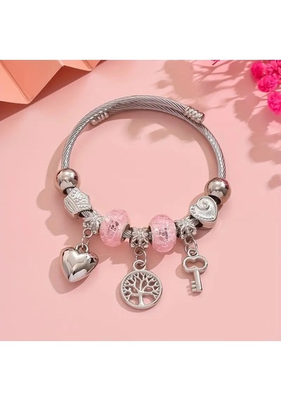 Yeni Tarz ,pembe Hayat Ağacı Crystal Kalp Aşk , Sevgi Charmlı Bileklik, Ahşap Kutu İçerisinde Gümüş Gümüş
