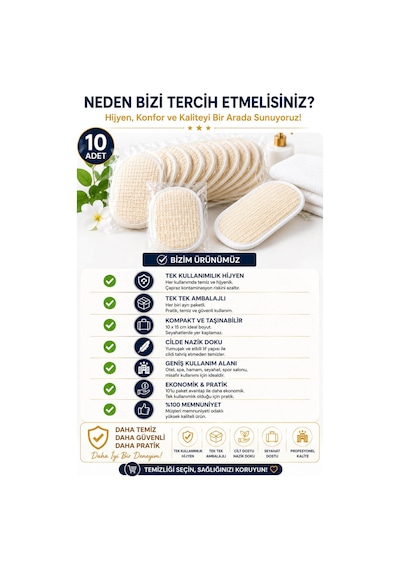 10 Adet Tek Kullanımlık Banyo Lifi 10x15 Cm Hijyenik El Geçirmeli Duş, Spa, Otel Ve Seyahat Lifi