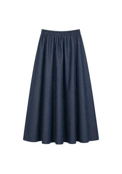 Mixray 4913 Kadın Beli Lastikli Pileli Dökümlü Midi Denim Etek Lacivert