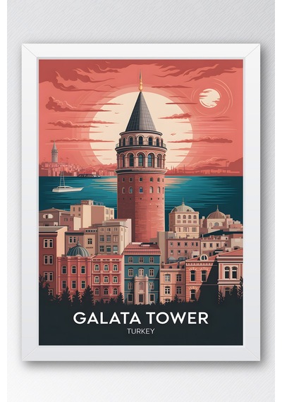 İstanbul Galata Kulesi Tablo - Retro Travel Poster - Şehir Serisi Duvar Dekoru - Çerçeveli Poster Beyaz