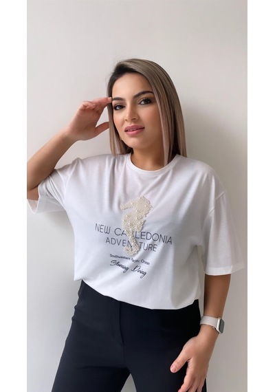 Inci Işlemeli Adven Ture Tişört /ekru Beyaz