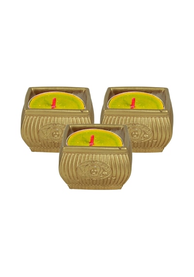 Mumluk Şamdan 3 Adet Tealight Uyumlu Üçlü Mini Çizgili Çiçekli Model - Altın