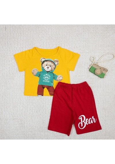 Momikon Erkek Çocuk Teddy Baskılı Pamuklu Takım Sarı
