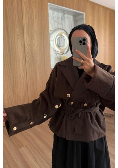 Kahijab Gold Düğme Kolları Kaşe Trençkot - Kahverengi