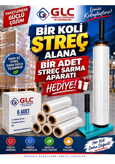 6 Adet 1 Koli 17 Mikron 300 Mt Palet Streç Film Alımına 1 Adet Streç Sarma Aparatı Hediye Turkuaz