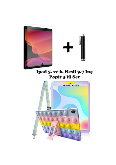 Apple Uyumlu iPad  5. Ve 6. Nesil 9.7" Inc Tablet Popit Kılıf Askılı Koruyucu Eğlenceli 3'lü Set Kılıf