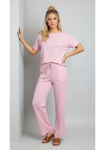Park Karon 26022 Kadın Kayık Yaka Bluz Bağcıklı Pantolon Penye Alt Üst Takım Pembe