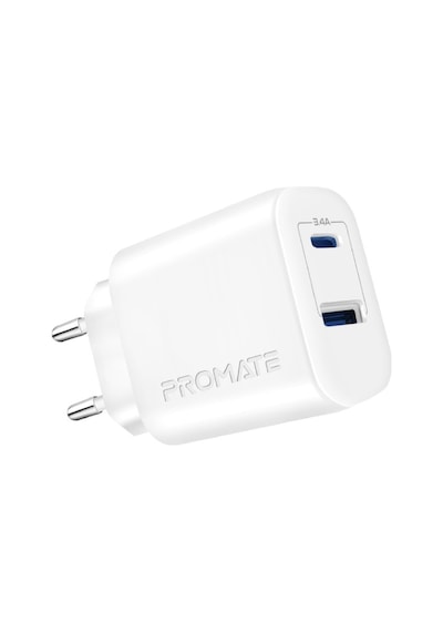 Promate BiPlug-2 17W Yüksek Hızlı Şarj Cihazı, Type-C, USB Beyaz