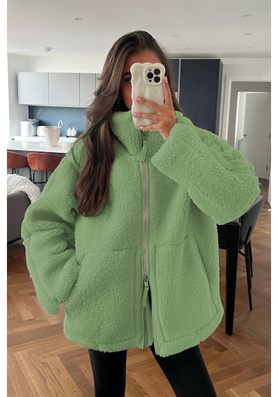Madmext Mint Yeşili Dik Yakalı Cepli Peluş Mont Mg1966-mint Yeşili Mint Yeşili