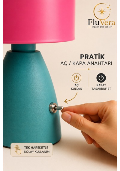 Retro Masa Lambası Pembe Turkuaz Dekoratif Abajur Kablolu Açma Kapama Anahtarlı Çok Renkli