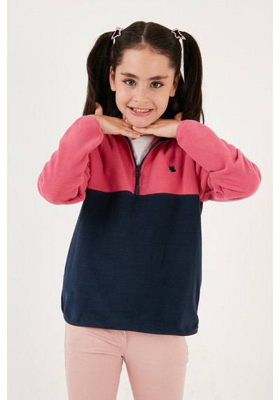 Lela Yumuşak Dokulu Yarım Fermuarlı Renk Bloklu Dik Yaka Unisex Çocuk Polar 5905004 Fuşya-Lacivert