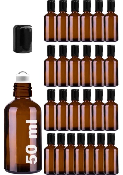 Çelik Roll On Şişesi 50 ML Sızdırmaz Siyah Kapaklı Amber Cam Şişe 25 Adet