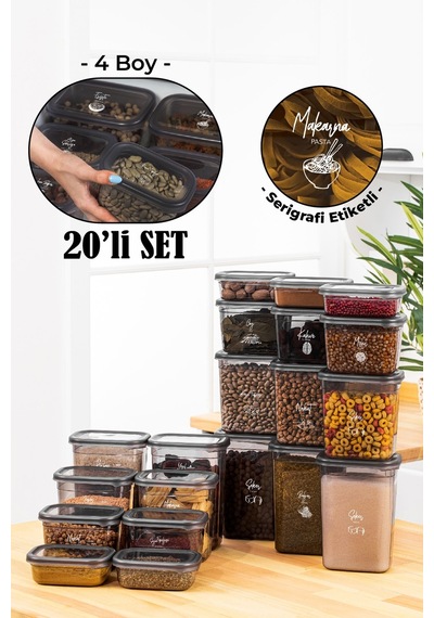 Vienev Beyaz Serigrafi Etiketli 20li Peggy Dikdörtgen Saklama Kabı Seti 5x 1500-1150-800-400 Ml Antrasit Çok Renkli