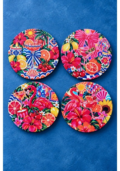 Tropical Flamingo - Tropikal Çiçek Temalı 4 Lü Bardak Altlığı Set 9 Cm, 3 Mm Ahşap Mdf, Dijital Baskı - 933741751 Diğer