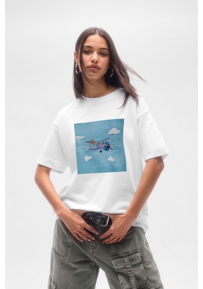 Markapia Woman Kadın Bisiklet Yaka %100 Pamuk Helikopter Baskılı Kısa Kollu T-shirt Beyaz M