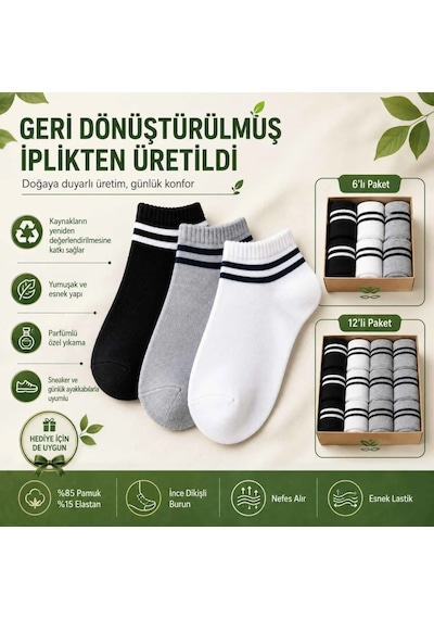 Womanandkids Wak Unisex Çizgili Kısa Konç Patik Çorap 6 Çift, Pamuklu Geri Dönüştürülmüş İplik, Parfümlü İnce Çok Renkli 6'lı
