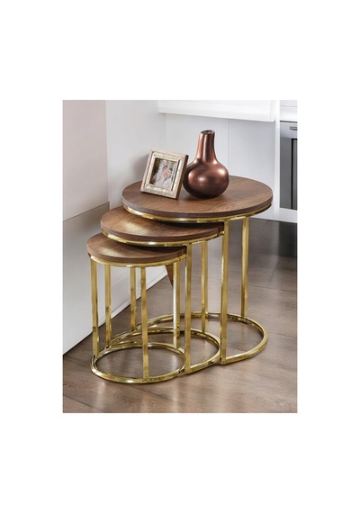 Usta Mekan 3'lü Parlak Gold Ayak Barok Ceviz Tabla Zigon Servis Salon Sehpa Gold - Barok