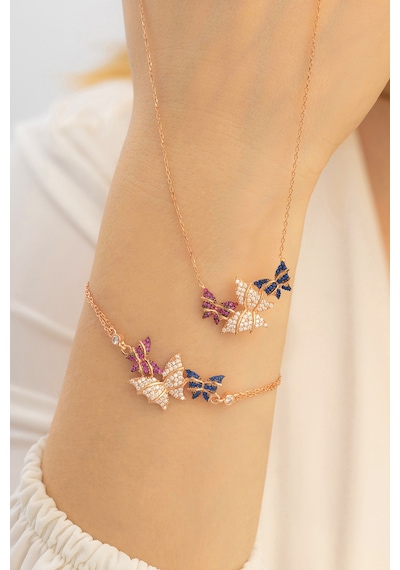 Rose Kelebek Model Gümüş Kolye Bileklik Set