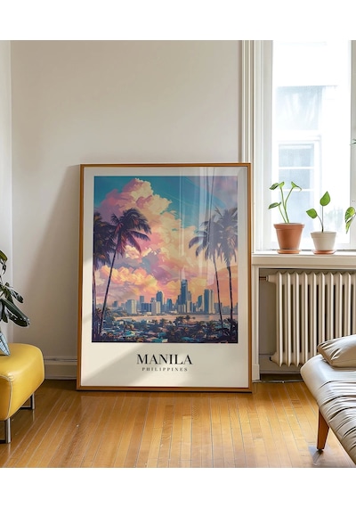 Çerçevesiz Poster Palmiyeler Arasında Şehir Işıkları